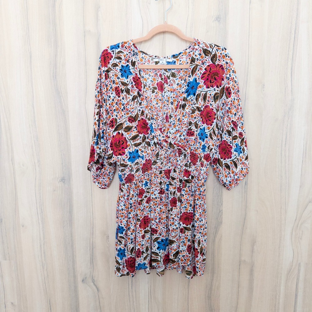 O'Neill Floral Mini‎ Dress M Multicolor Smocked Waist Kimono Sleeve Boho Resort
